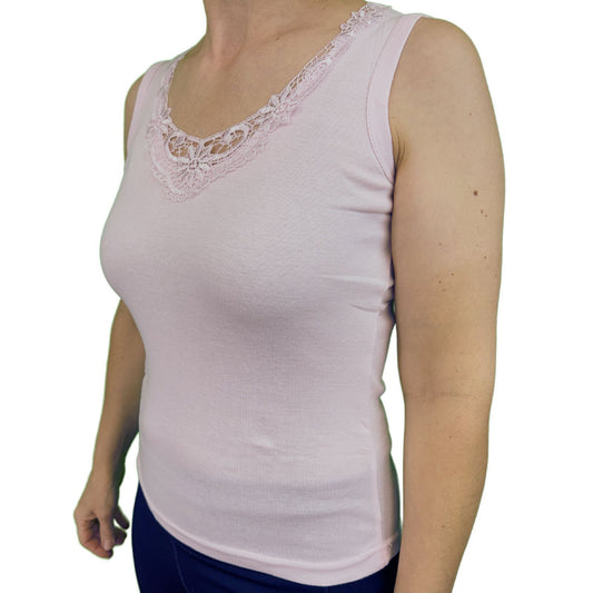 Ladies Sleeveless Singlet Top Womens Summer Basic Tank Shirt Lace Motif Front - Pink - 18-20