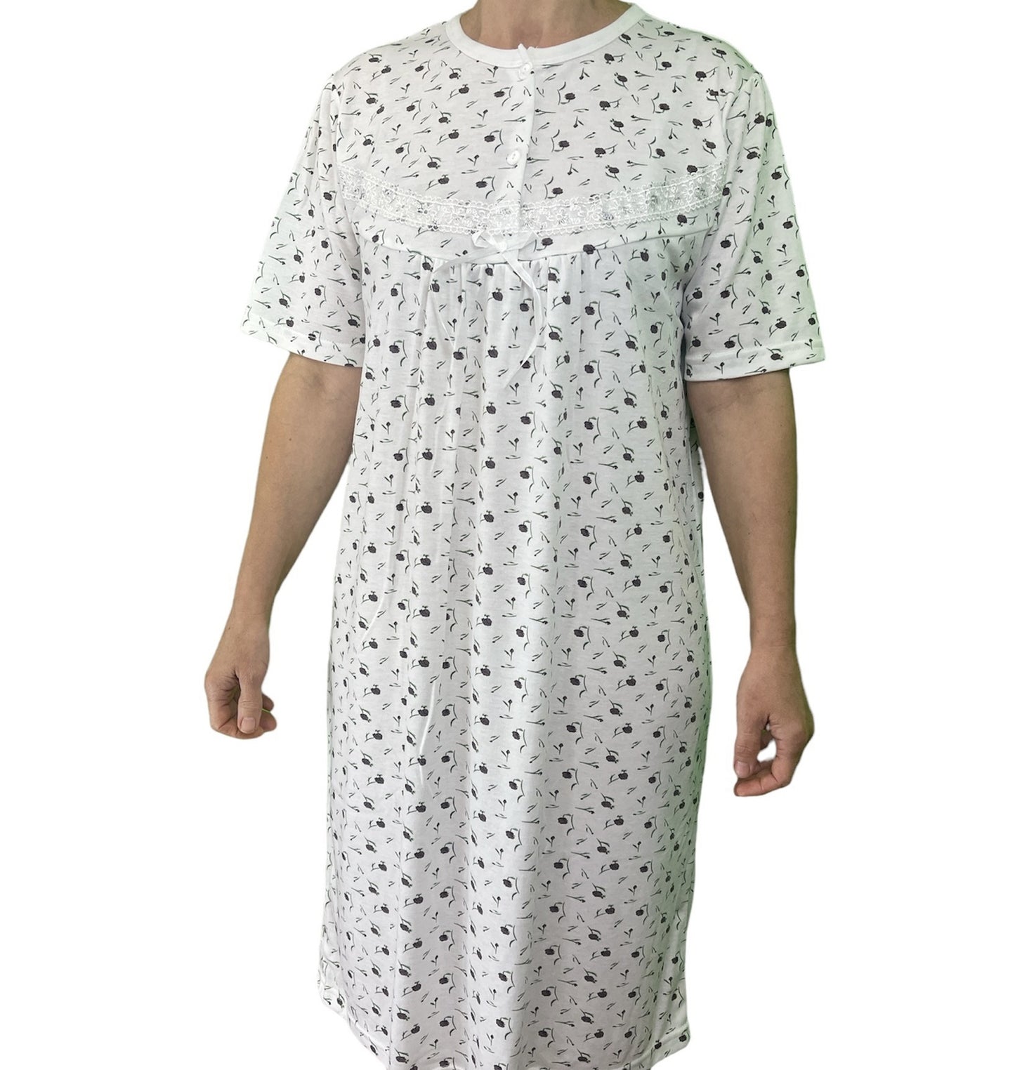 Womens Ladies Cotton Nightie Night Gown Slip Petticoat PJs Sleepwear Dress - White/Purple - 20