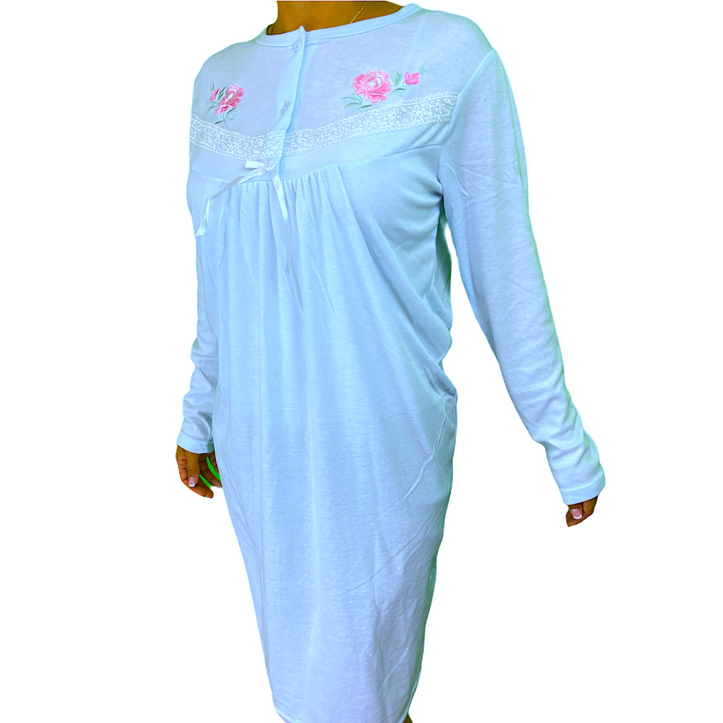 Womens Cotton Nightie Long Sleeve Night Gown Pyjamas Sleepwear Lace PJ - Blue - 18