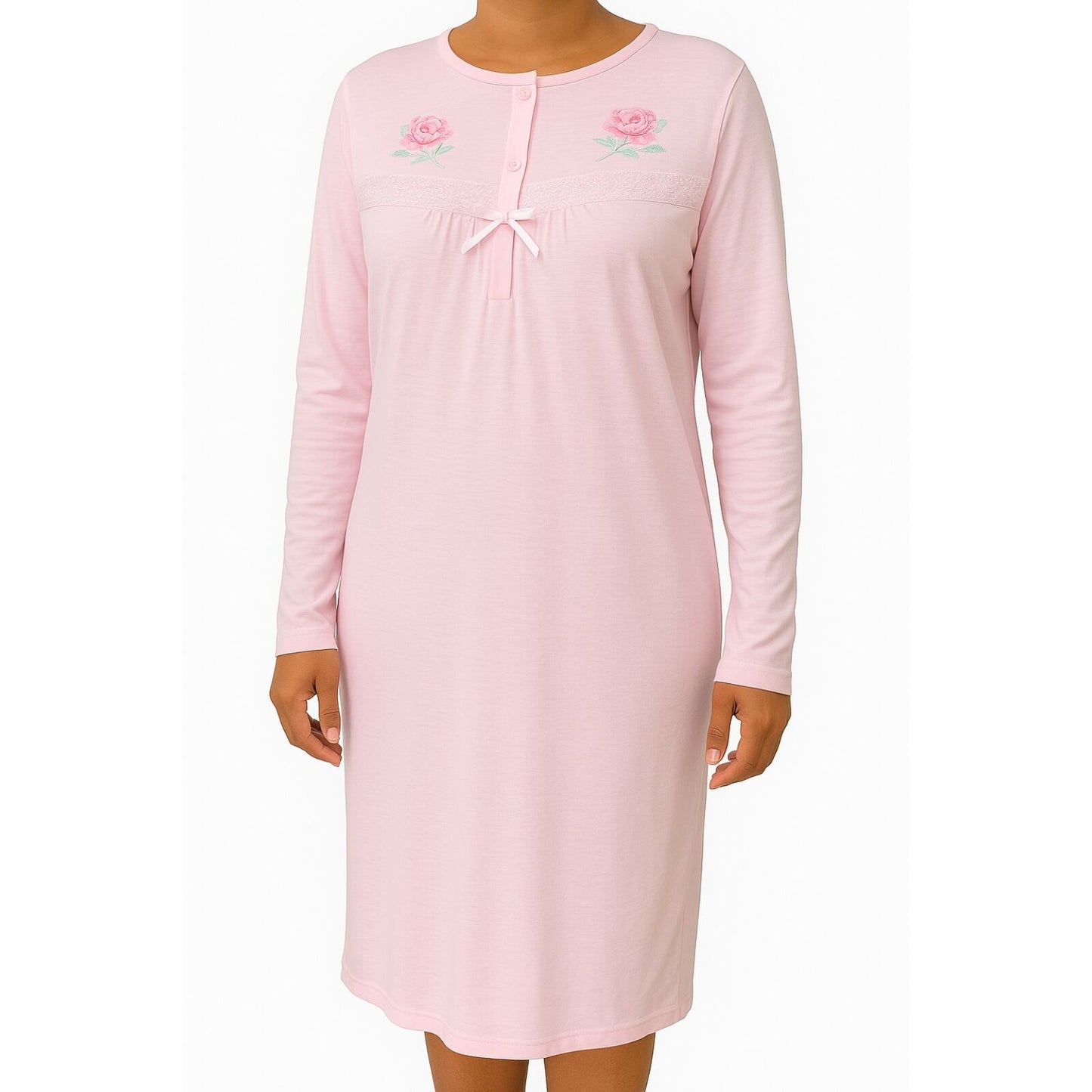 Womens Cotton Nightie Long Sleeve Night Gown Pyjamas Sleepwear Lace PJ - Pink - 14