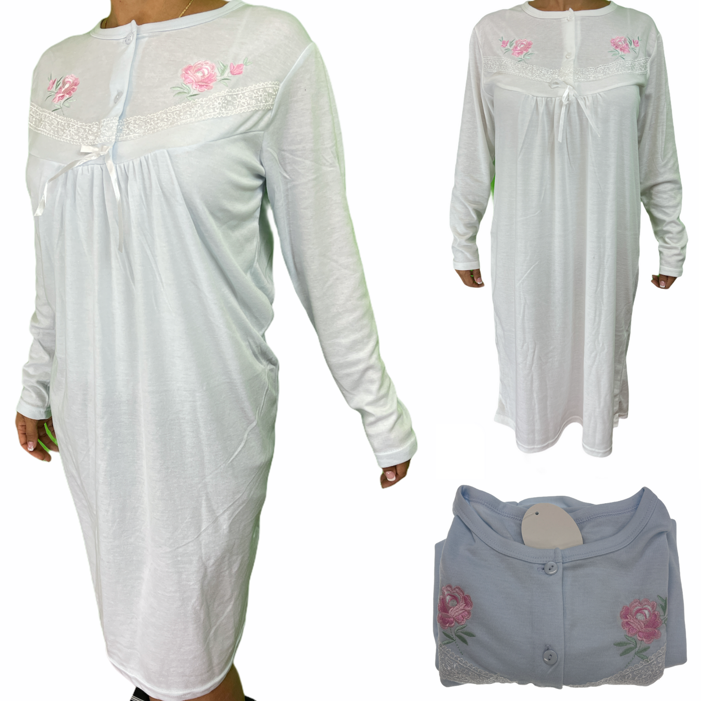 Womens Cotton Nightie Long Sleeve Night Gown Pyjamas Sleepwear Lace PJ - White - 18