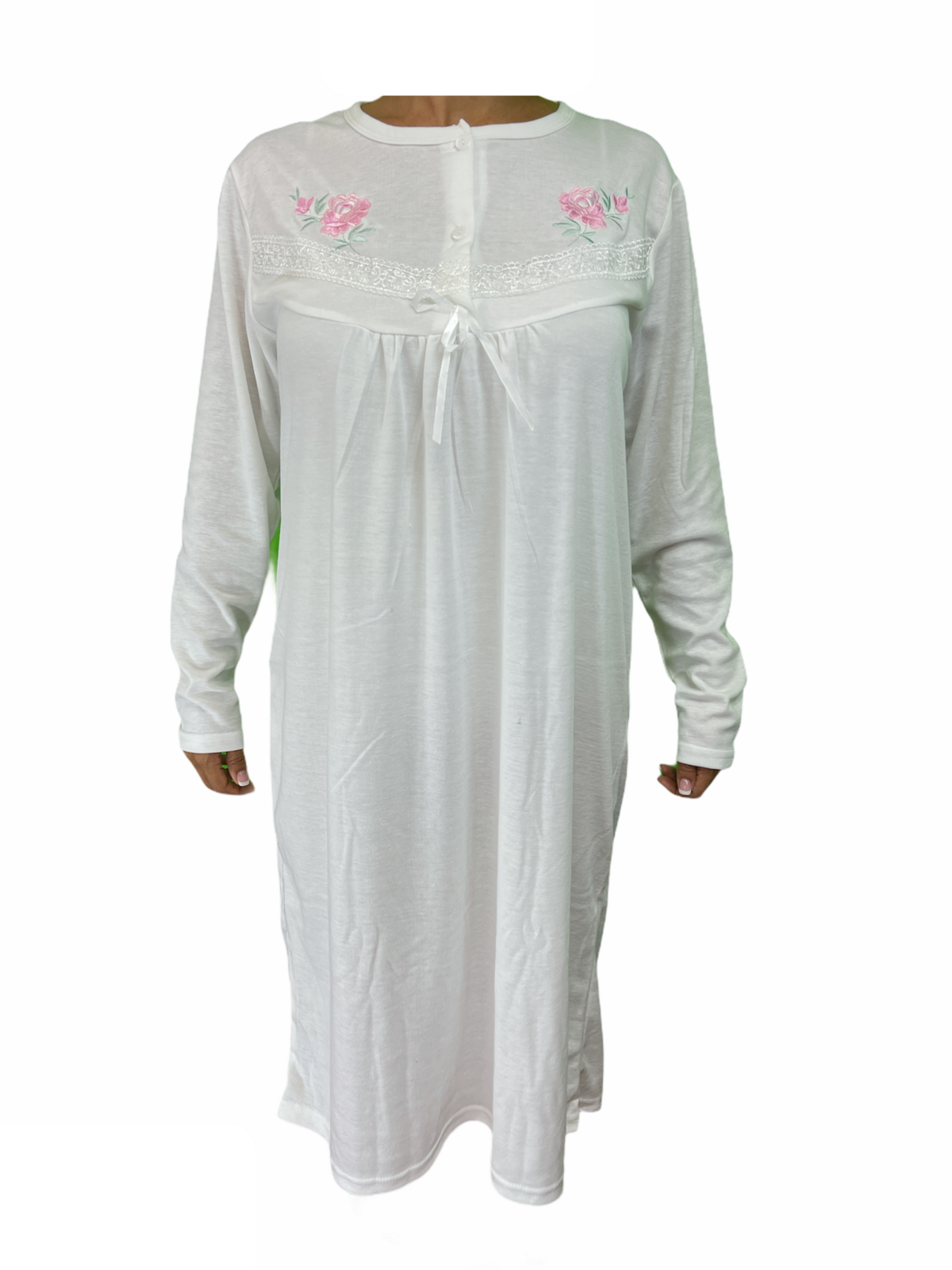 Womens Cotton Nightie Long Sleeve Night Gown Pyjamas Sleepwear Lace PJ - White - 20
