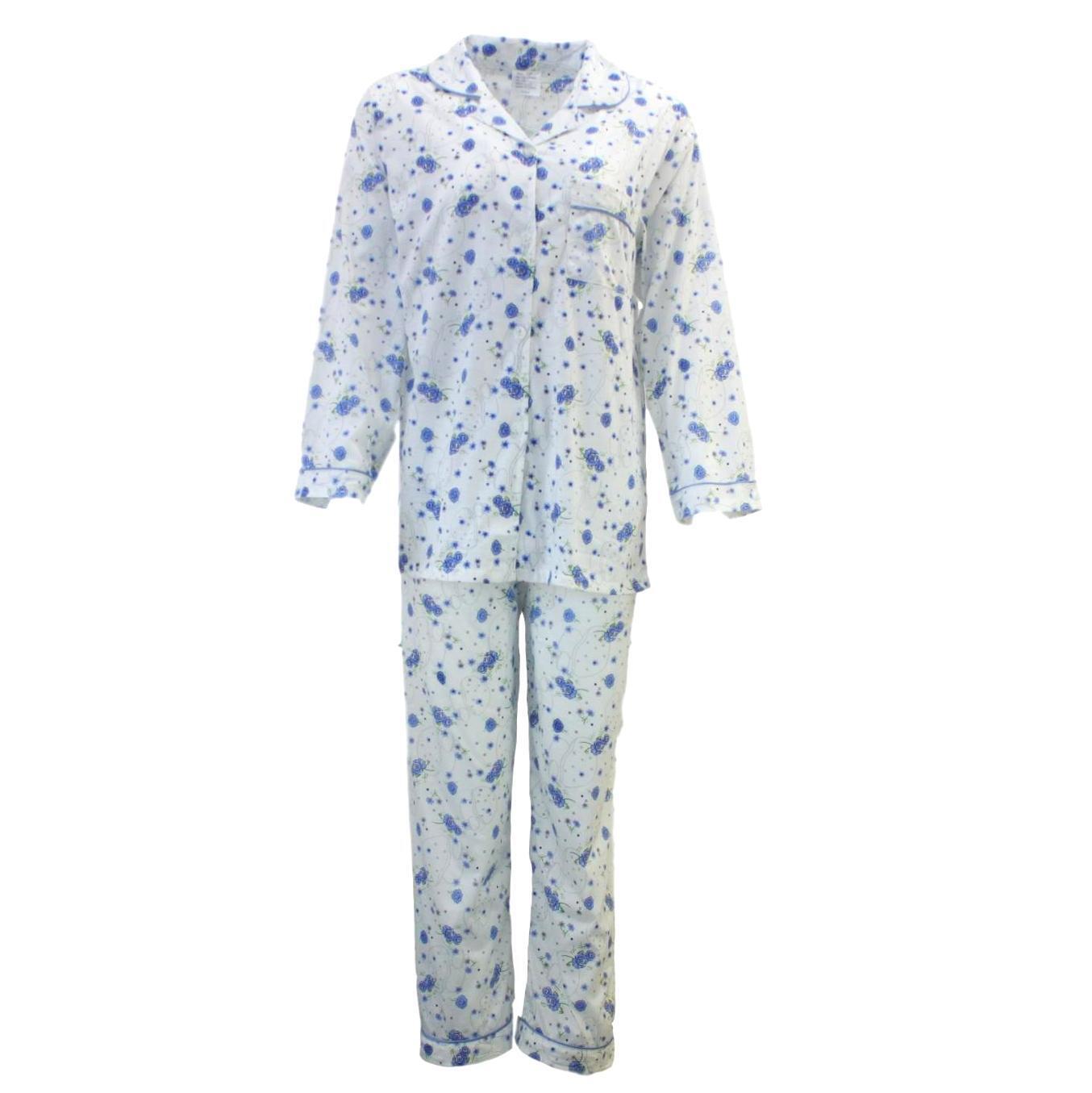 Womens Pyjama Set 100% Cotton Long Sleeve Button Up PJs Sleepwear - Blue Floral - 22