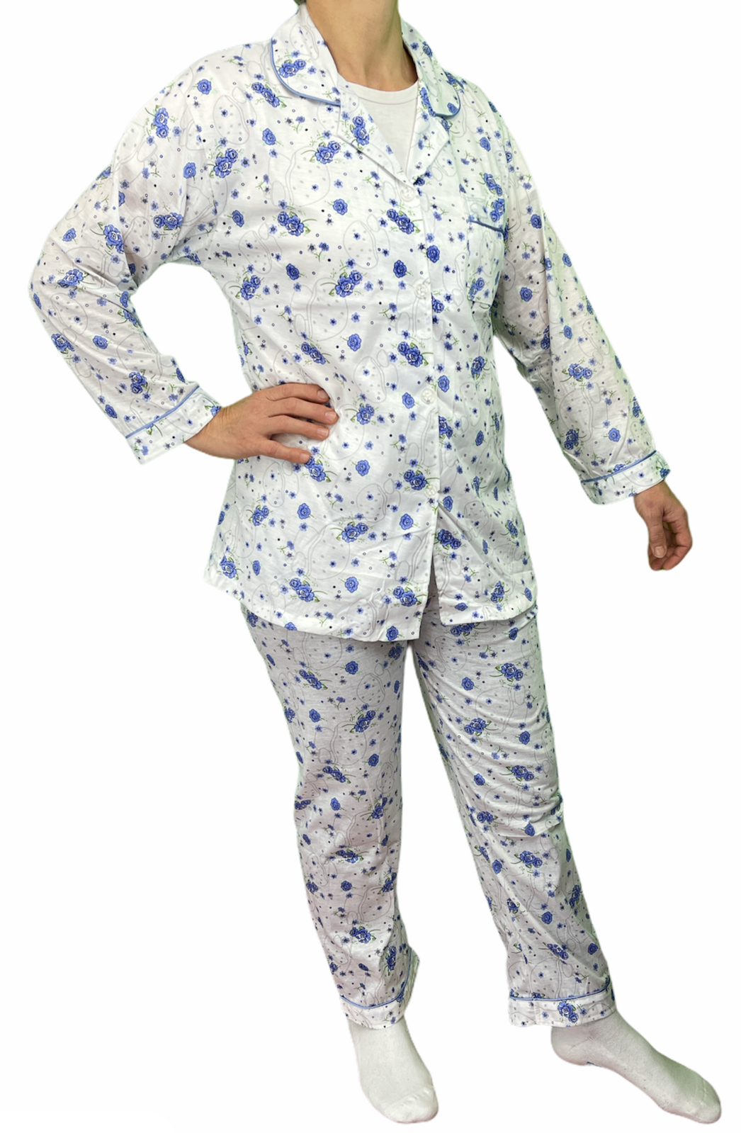 Womens Pyjama Set 100% Cotton Long Sleeve Button Up PJs Sleepwear - Blue Floral - 22