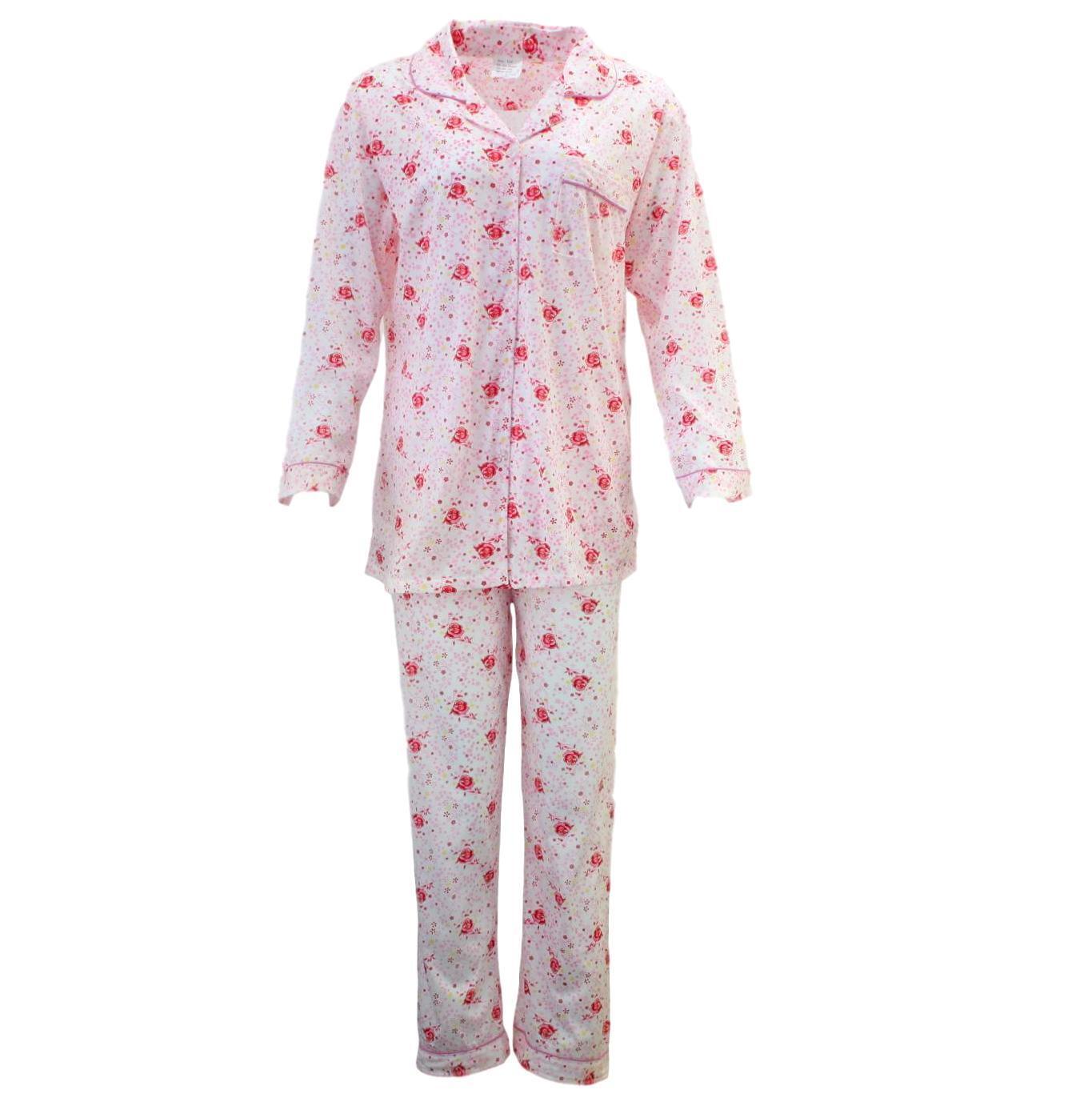 Womens Pyjama Set 100% Cotton Long Sleeve Button Up PJs Sleepwear - Pink Floral - 22