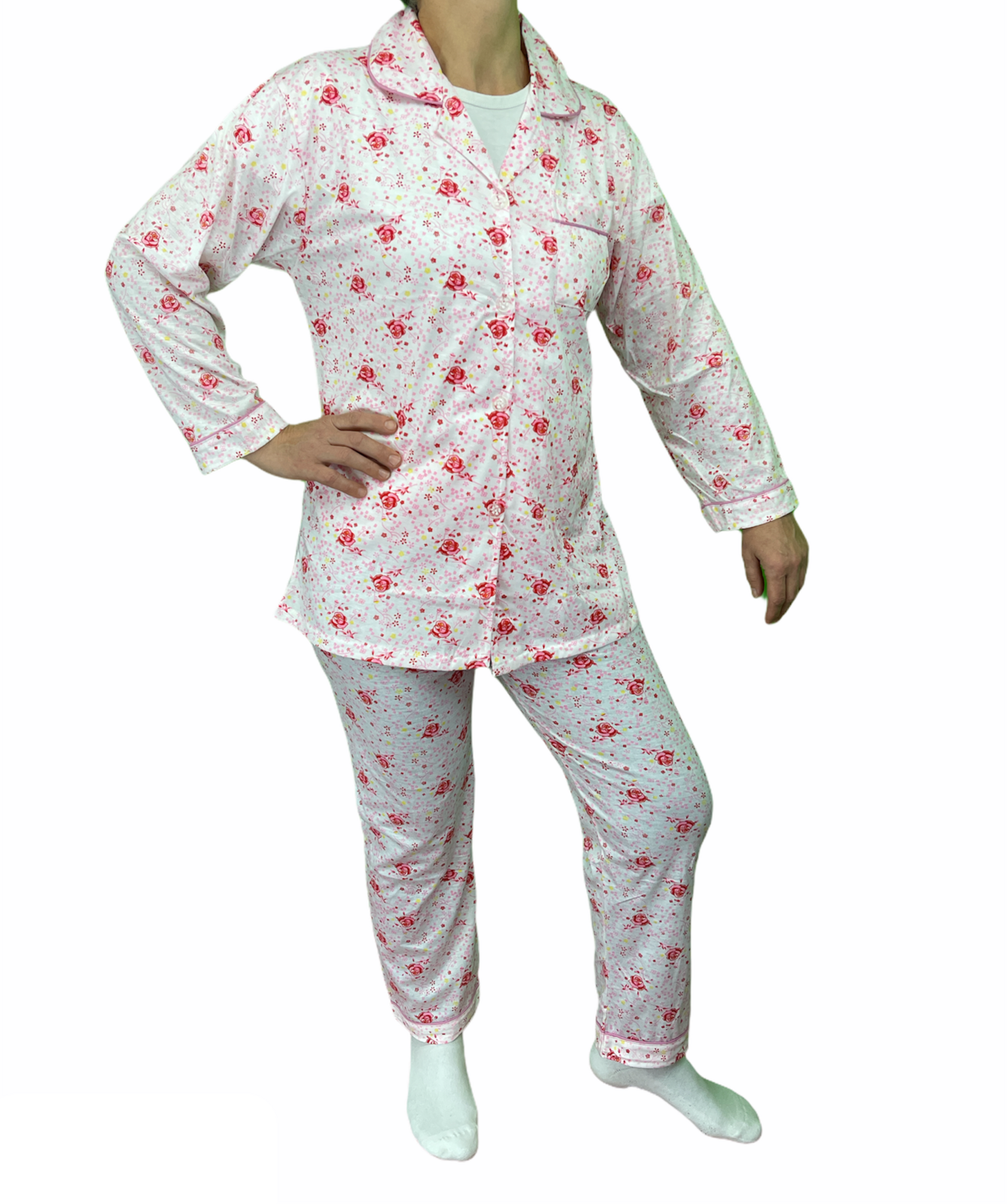 Womens Pyjama Set 100% Cotton Long Sleeve Button Up PJs Sleepwear - Pink Floral - 22