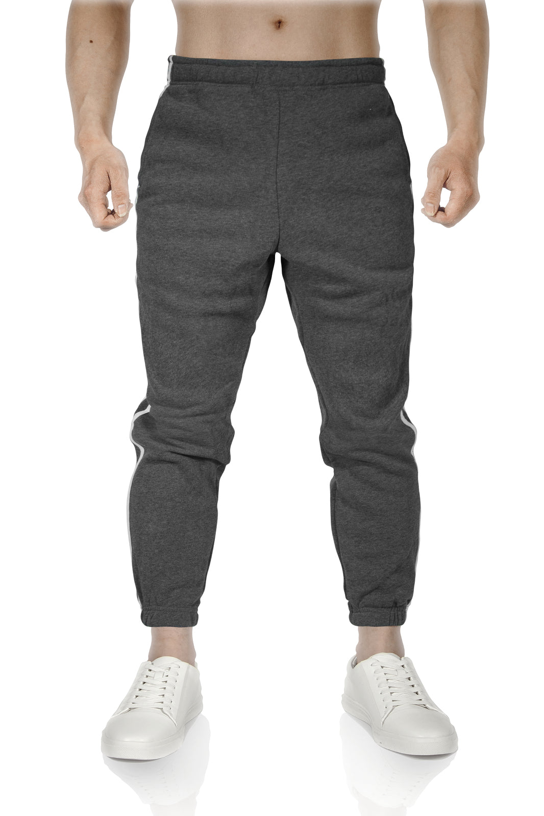 Mens Fleece Track Pants Skinny Joggers Slim Fit Sweatpants Gym - Charcoal Marle - M