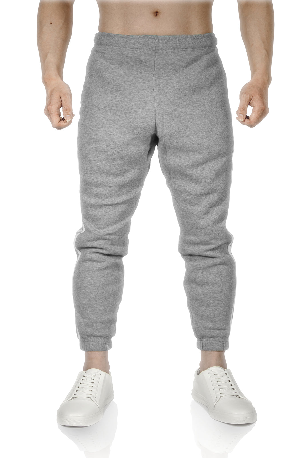 Mens Fleece Track Pants Skinny Joggers Slim Fit Sweatpants Gym - Grey Marle - L