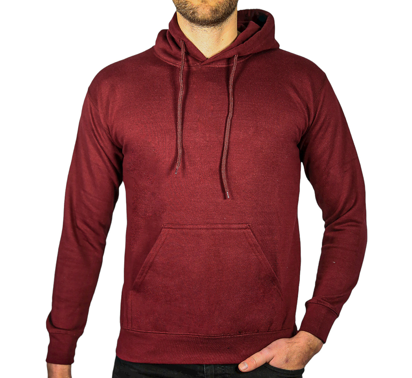 Mens Hoodie 100% Cotton Fleece Pullover Sweatshirt Warm Jumper - Maroon/Burgundy - XL