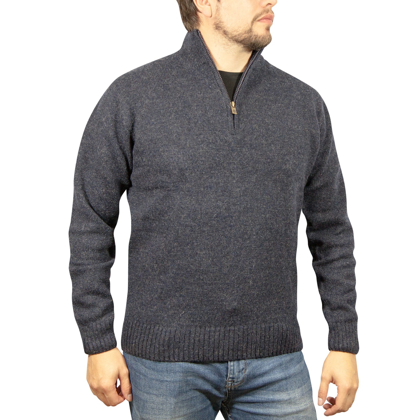 100% SHETLAND RAGG WOOL Half Zip Up Knit JUMPER Pullover Mens Sweater Knitted - Denim Blue (45) - 3XL - 3XL