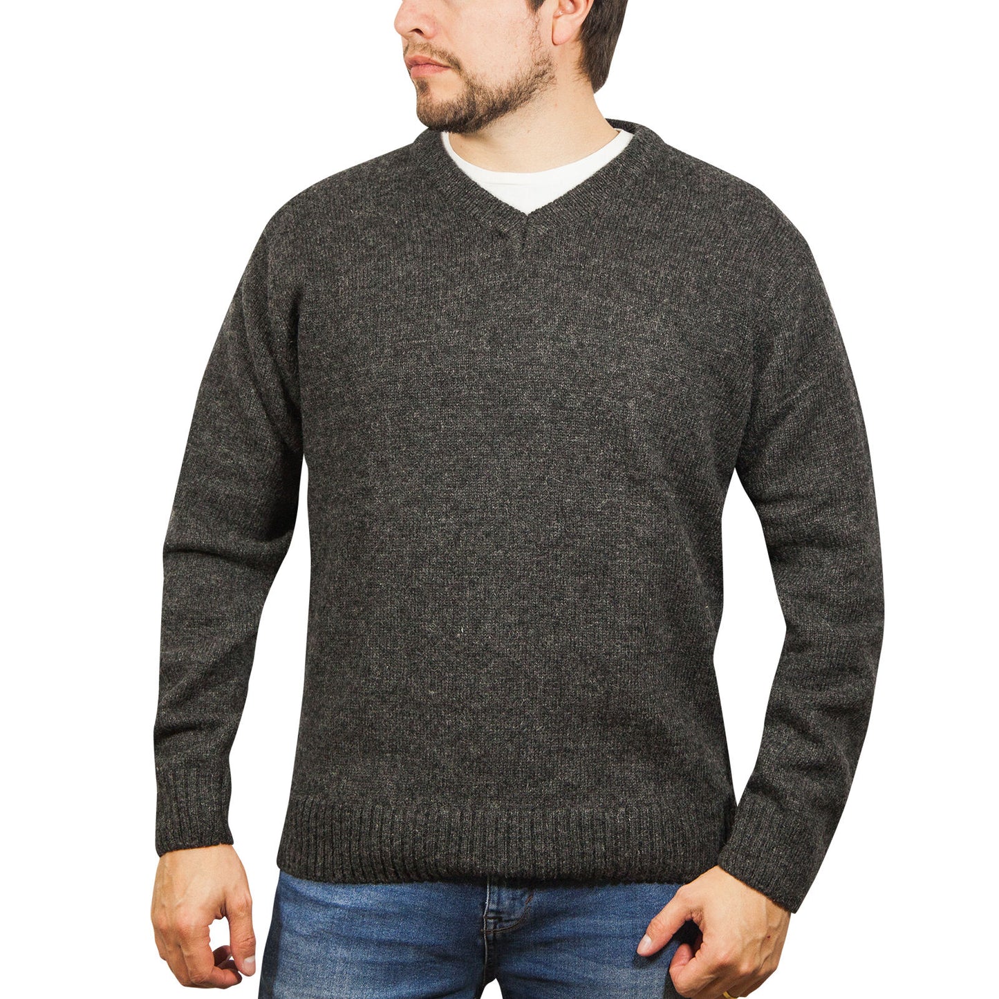100% Shetland Ragg Wool V Neck Knit Jumper Pullover Mens Sweater Knitted - Charcoal - 5XL