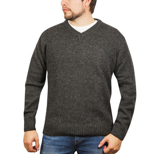 100% Shetland Ragg Wool V Neck Knit Jumper Pullover Mens Sweater Knitted - Charcoal - M