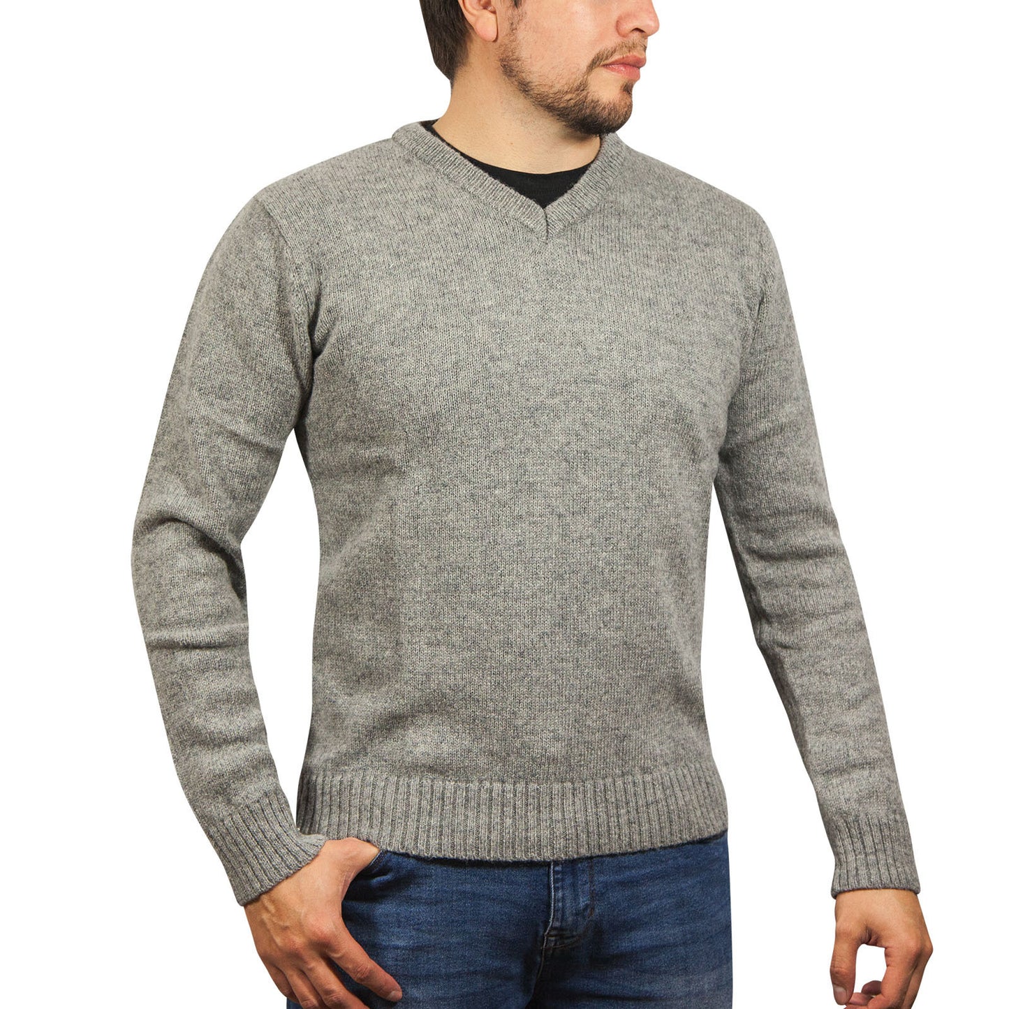 100% Shetland Ragg Wool V Neck Knit Jumper Pullover Mens Sweater Knitted - Grey - XL