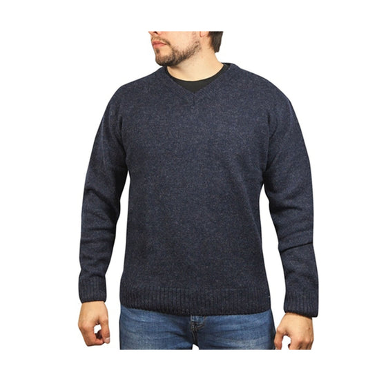 100% Shetland Ragg Wool V Neck Knit Jumper Pullover Mens Sweater Knitted - Navy - XL