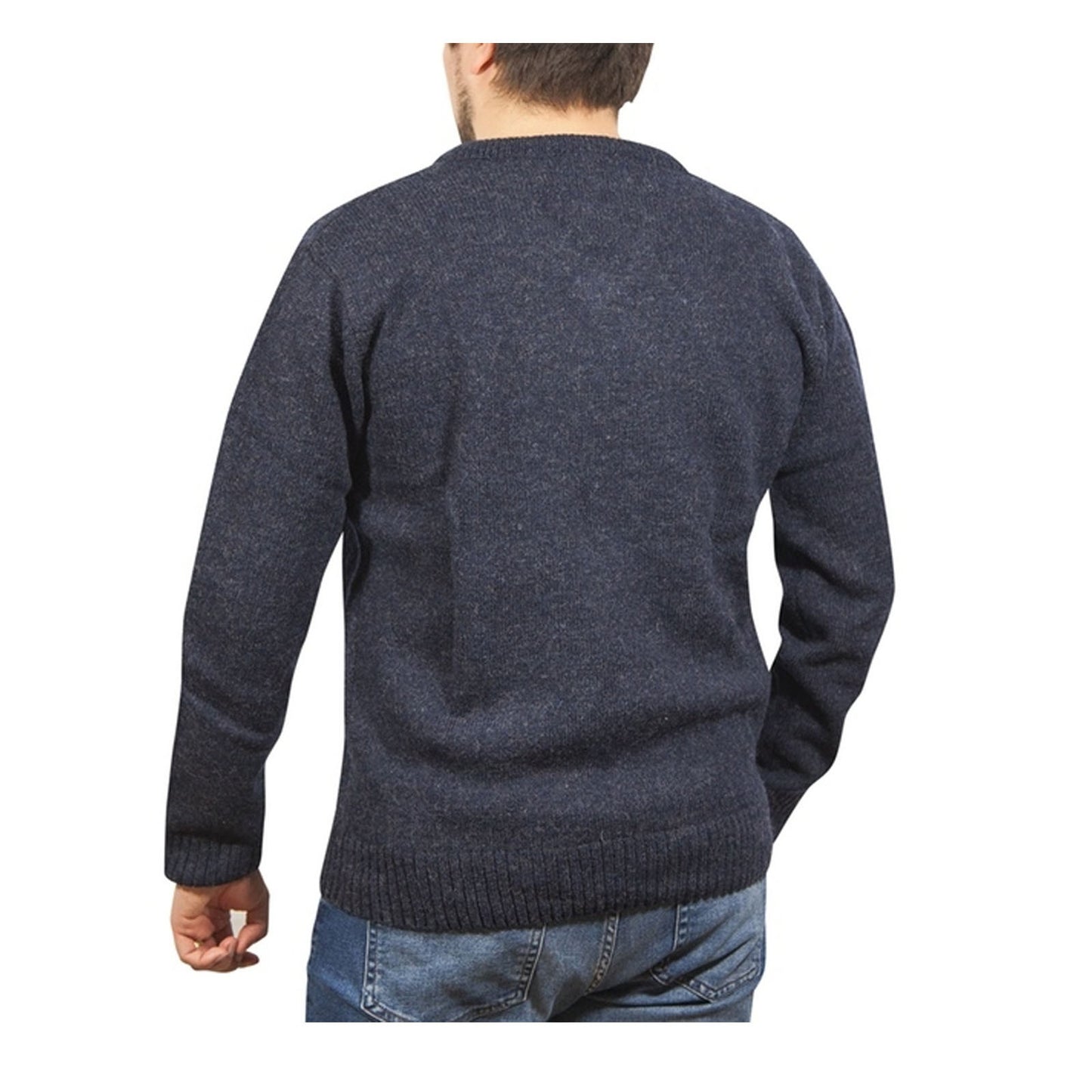 100% Shetland Ragg Wool V Neck Knit Jumper Pullover Mens Sweater Knitted - Navy - XL