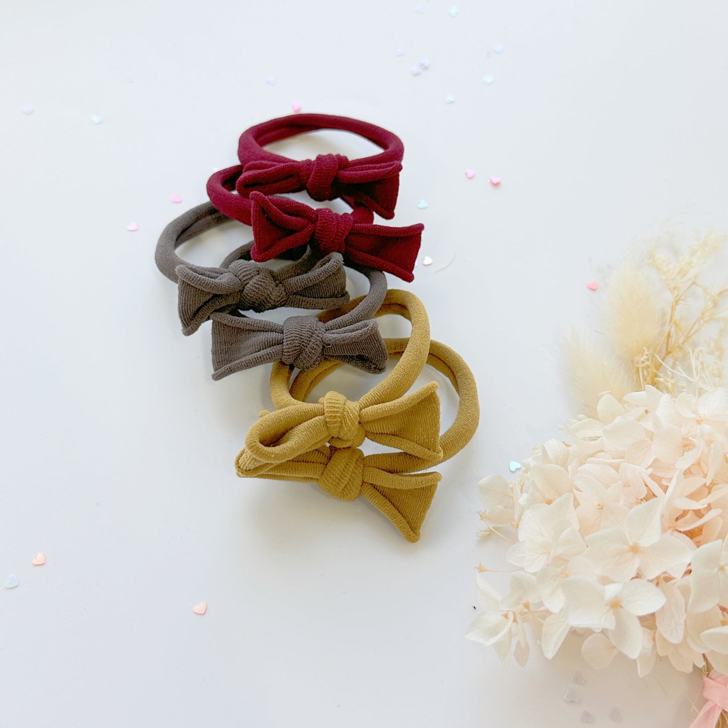 Handmade Simple Bow metal free hair ties -Mustard - 1 Pairs - Grey