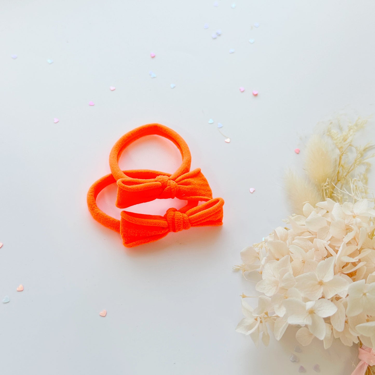 Handmade Simple Bow metal free hair ties - Neon - 1 Pairs - Neon Orange