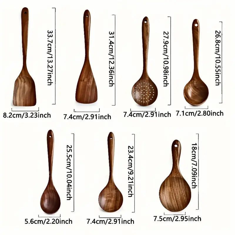 7-Piece Natural Teak Wooden Spoons for Cooking Set