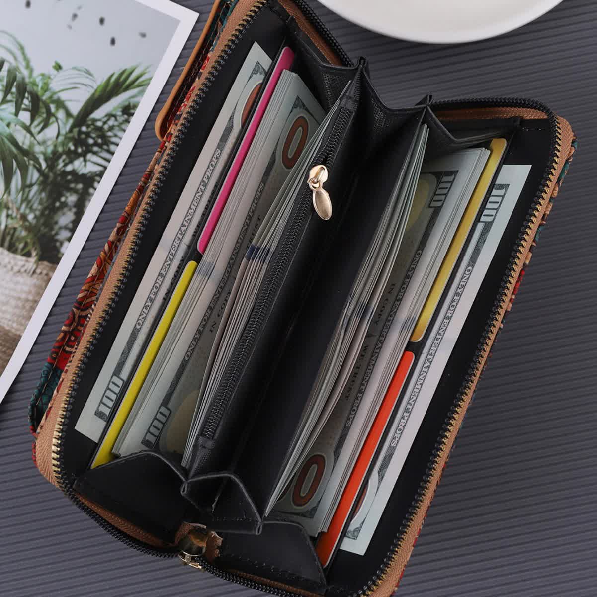 F Elegance Vintage Bohemian Style Wallet with Multi-Compartment Design - Large Capacity Zipper Clutch for Women