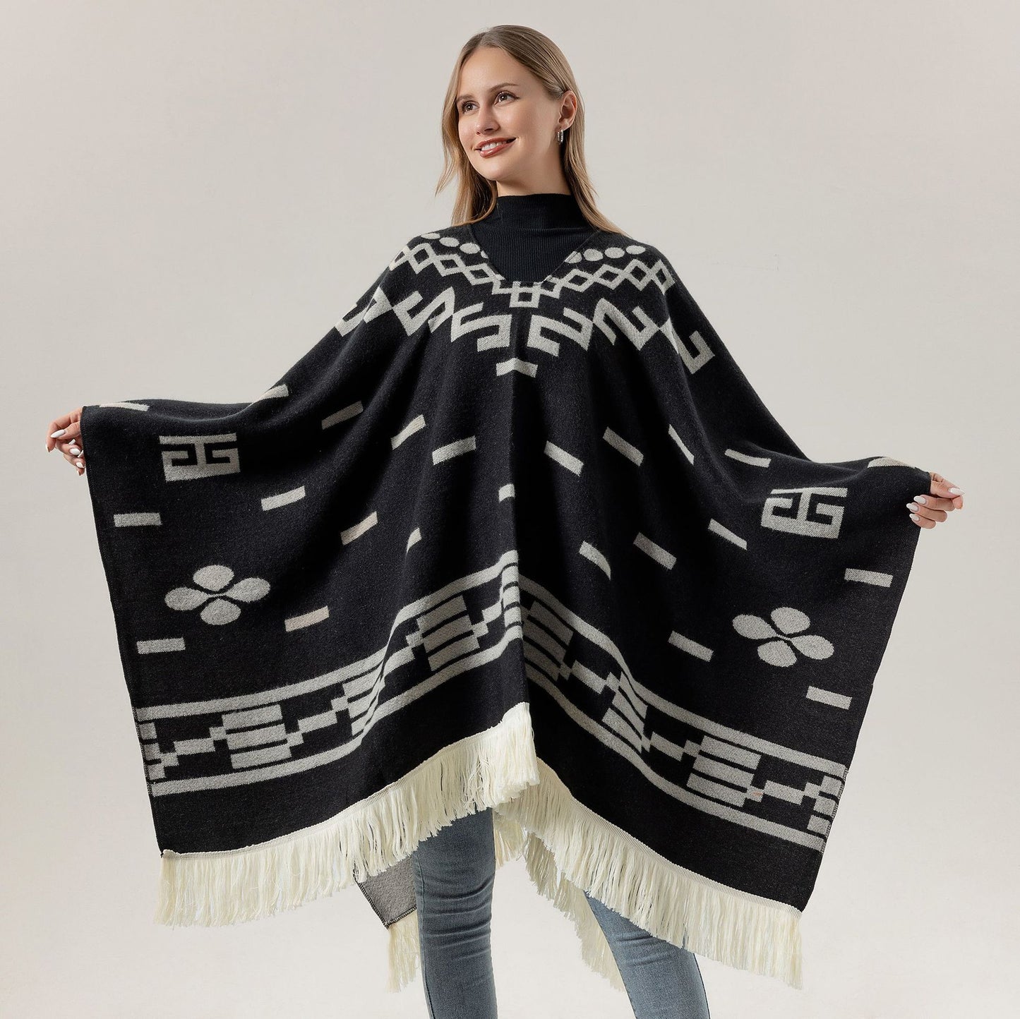 Black Women's Versatile Faux Cashmere Poncho Cape Shawl with Geometric Pattern & Fringe Trim - One Size