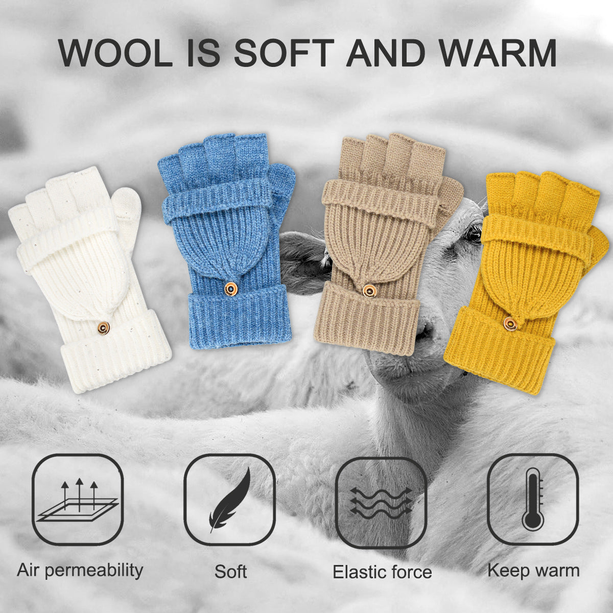 Black Winter Convertible Mittens - Warm Knitted 2-in-1 Fingerless Gloves with Flip Top Cover for Cold Weather