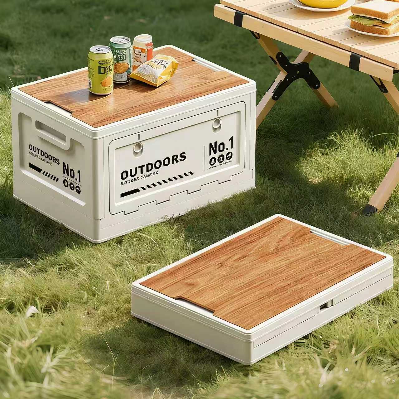 40cm White Multifunctional Foldable Storage Box with Wooden Lid - Collapsible Outdoor Camping Crate, Stackable Home Organizer with Side-Opening Doors for Car Trunk, Picnic and Pantry