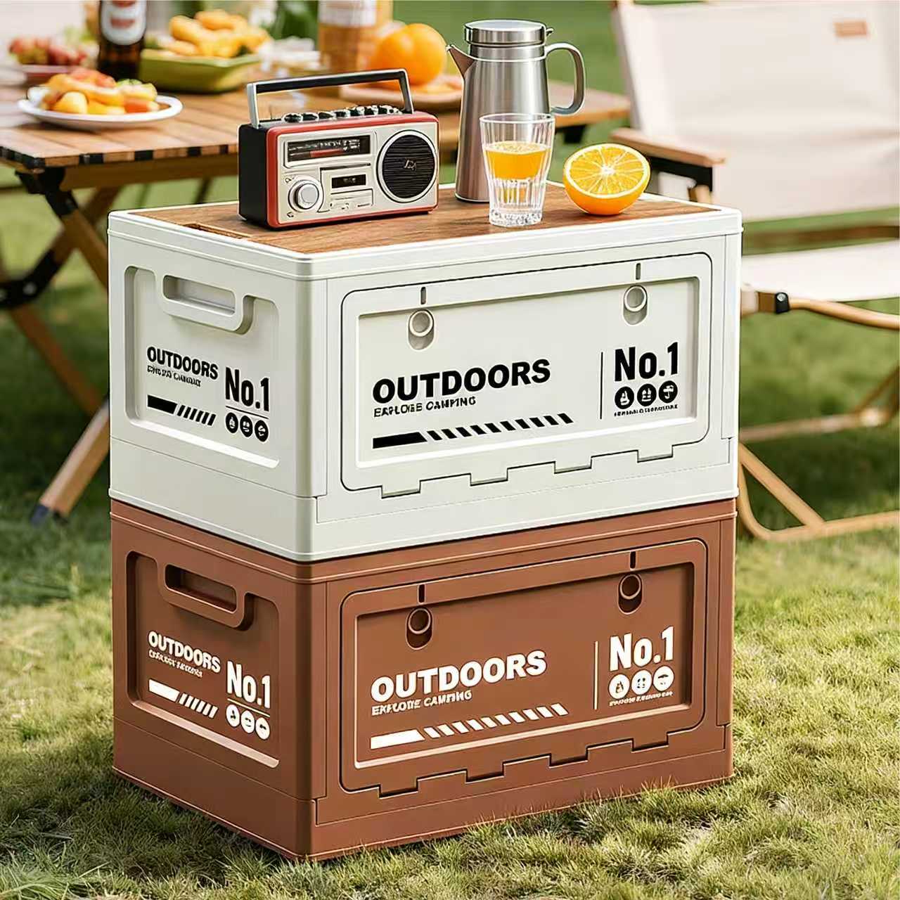 40cm White Multifunctional Foldable Storage Box with Wooden Lid - Collapsible Outdoor Camping Crate, Stackable Home Organizer with Side-Opening Doors for Car Trunk, Picnic and Pantry