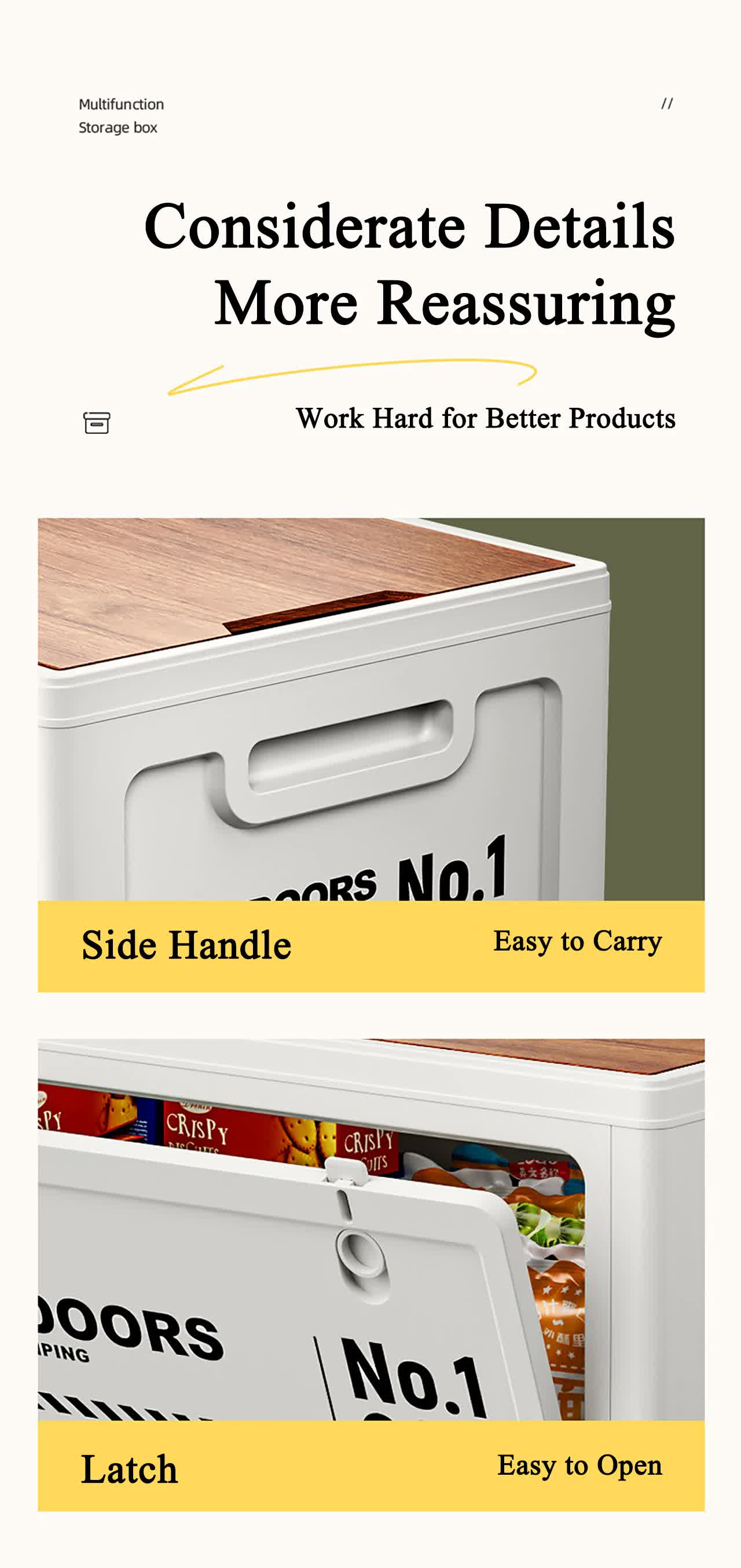 40cm White Multifunctional Foldable Storage Box with Wooden Lid - Collapsible Outdoor Camping Crate, Stackable Home Organizer with Side-Opening Doors for Car Trunk, Picnic and Pantry