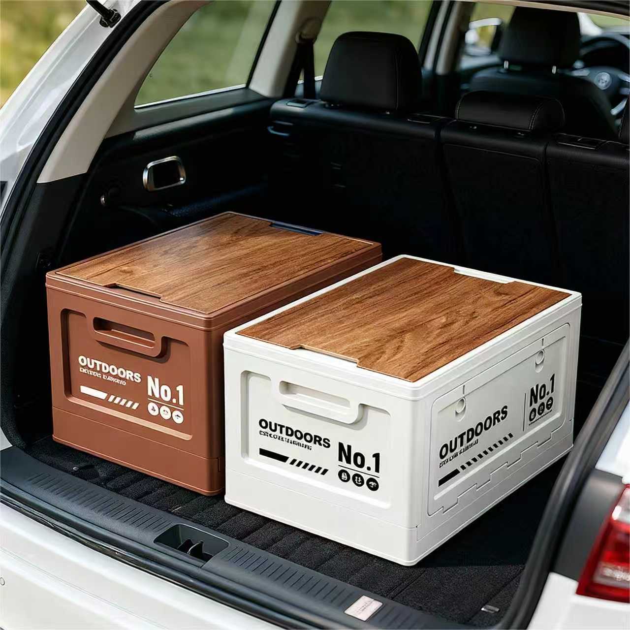 40cm Brown Multifunctional Foldable Storage Box with Wooden Lid - Collapsible Outdoor Camping Crate, Stackable Home Organizer with Side-Opening Doors for Car Trunk, Picnic and Pantry
