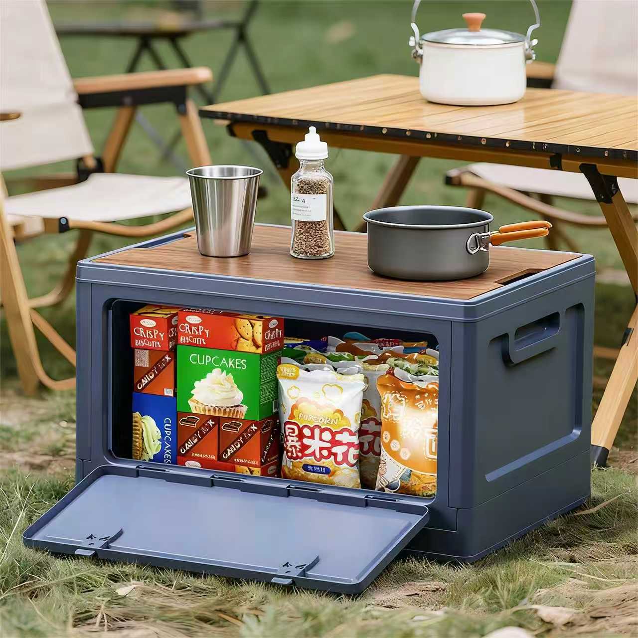40cm Brown Multifunctional Foldable Storage Box with Wooden Lid - Collapsible Outdoor Camping Crate, Stackable Home Organizer with Side-Opening Doors for Car Trunk, Picnic and Pantry