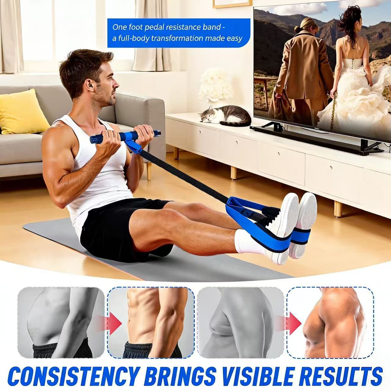 Pink Multifunctional Pedal Resistance Band - Home Fitness Sit-up Assistant with Foot Pedals and Elastic Pull Rope - Full Body Workout Equipment for Abs, Arms, Legs and Glutes