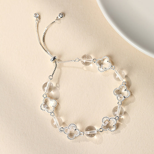 Natural Clear White Crystal Four-Leaf Clover Bracelet - Elegant Adjustable Silver-Tone Bolo Jewelry for Women - Versatile Quartz Bead Charm Bracelet, Perfect Mother's Day Gift