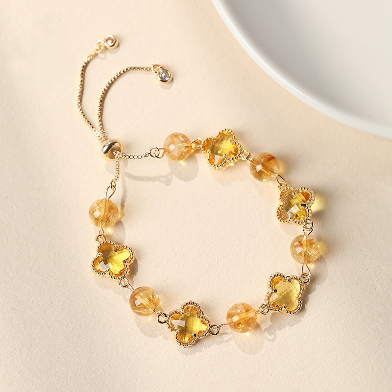 Natural  Yellow Crystal Four-Leaf Clover Bracelet - Elegant Adjustable Silver-Tone Bolo Jewelry for Women - Versatile Quartz Bead Charm Bracelet, Perfect Mother's Day Gift