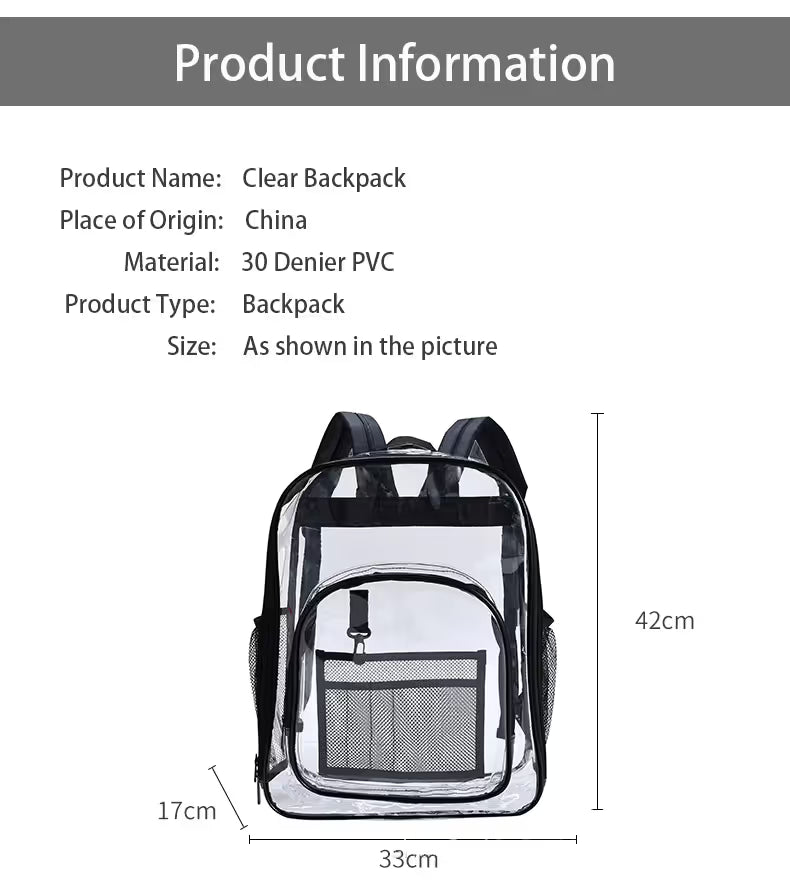 Black Clear PVC School Bag  Heavy Duty Security Travel Daypack with Organised Storage and Multi Size Options Durable Freeze Resistant Design for Everyday Use 42cm x 33cm x 17cm