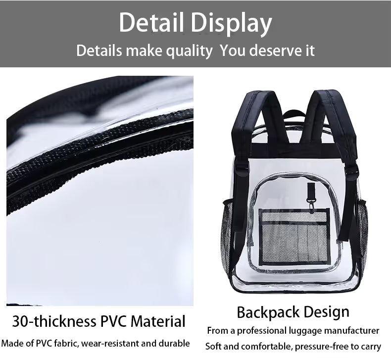 Black Clear PVC School Bag  Heavy Duty Security Travel Daypack with Organised Storage and Multi Size Options Durable Freeze Resistant Design for Everyday Use 42cm x 33cm x 17cm