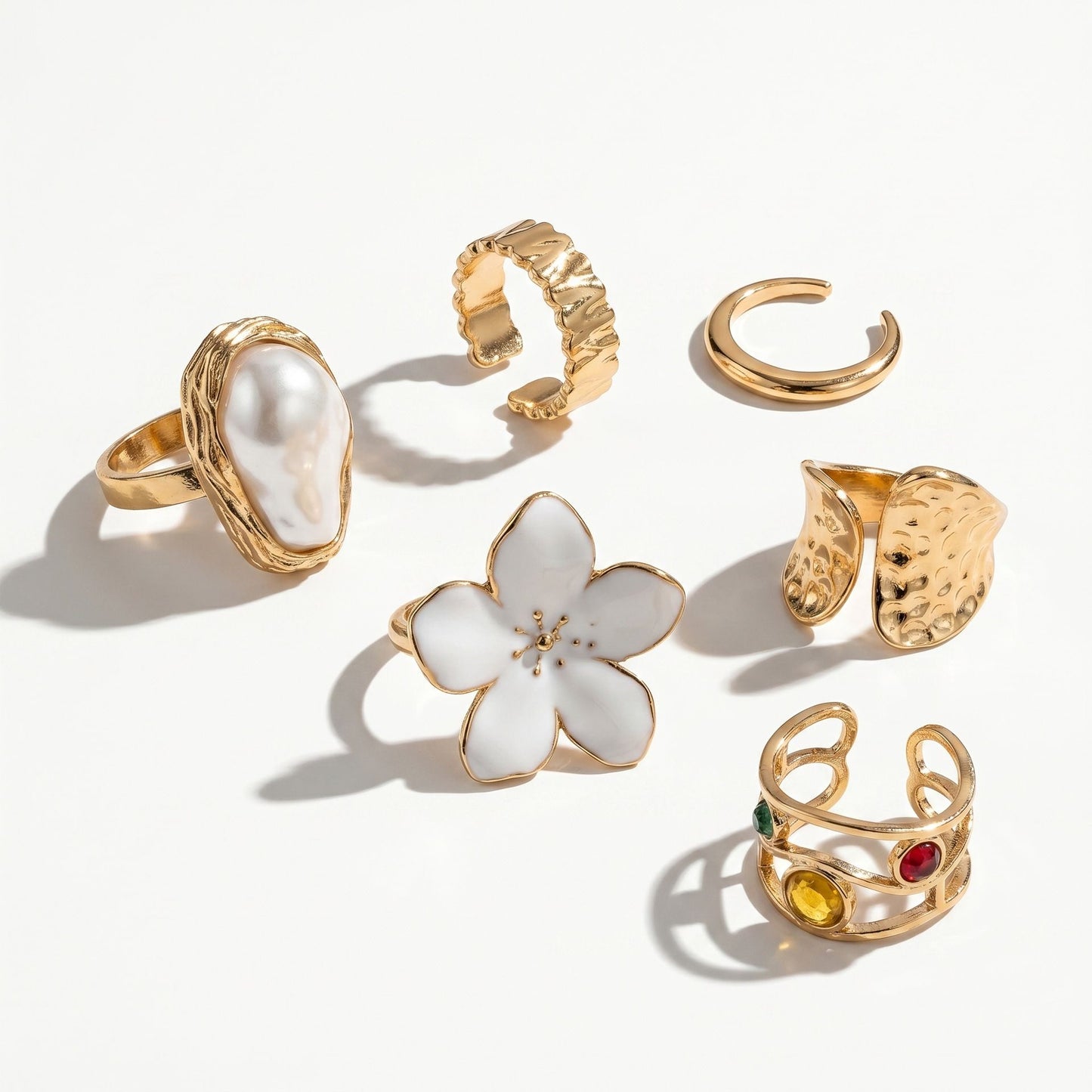 6 Piece Baroque Pearl Flower Ring Set with Gift Jewelry Box - Adjustable Open Rings, Statement Fashion Jewellery, Vintage Inspired Design, Gift Ready Accessory Set for Women
