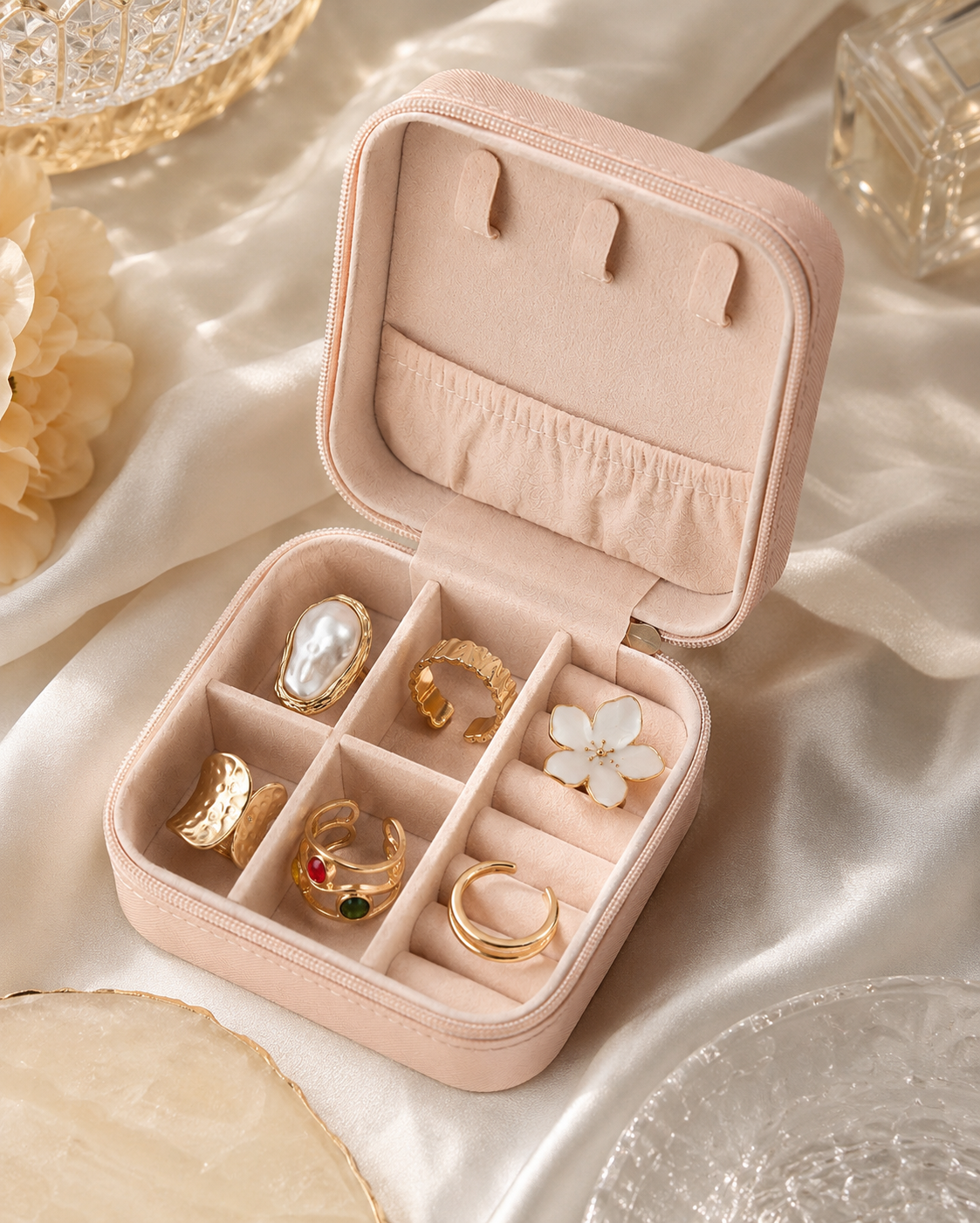 6 Piece Baroque Pearl Flower Ring Set with Gift Jewelry Box - Adjustable Open Rings, Statement Fashion Jewellery, Vintage Inspired Design, Gift Ready Accessory Set for Women