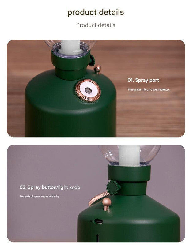 White Retro Kerosene Lamp Humidifier - Rechargeable Cool Mist Maker with Dimmable Light