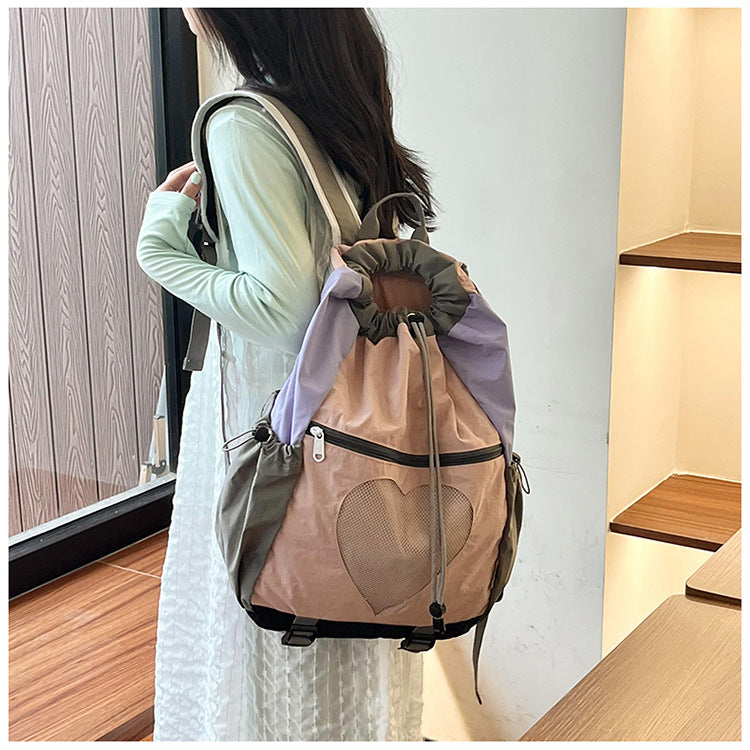 Pink Colorblock Drawstring Backpack - Lightweight Nylon Bag with Heart Mesh Pocket