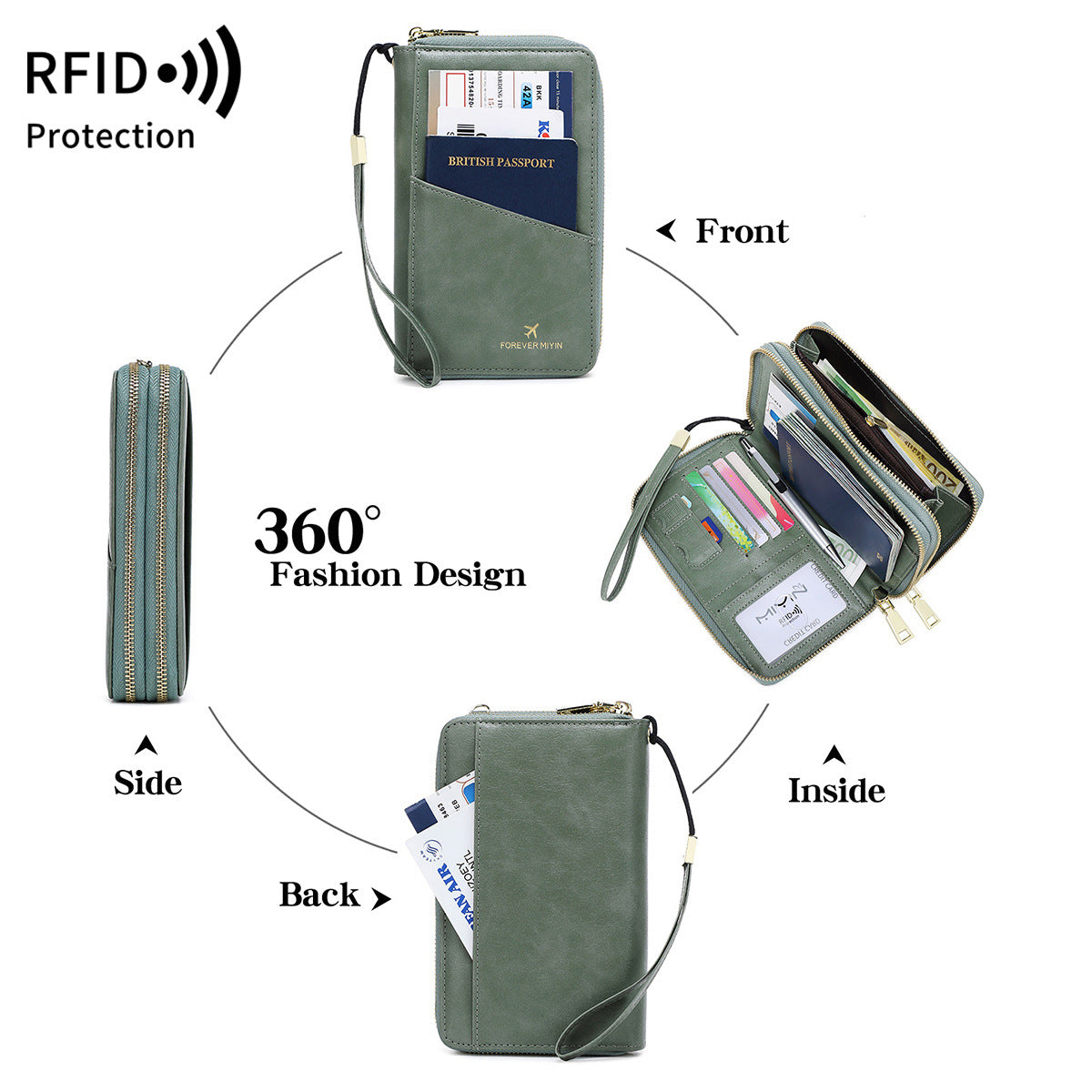 Black RFID Blocking Passport Wallet - Multi-Function Travel Organizer with Double Zipper and Crossbody Strap