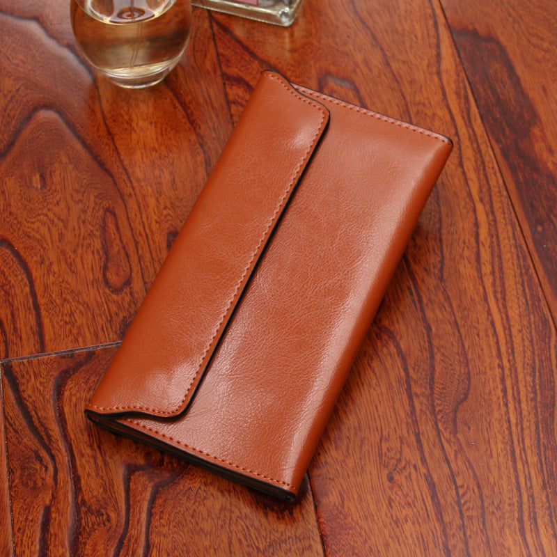 Brown Women's Genuine Leather Long Wallet - Slim Business Clutch with Snap Closure, Multi-Card Holder