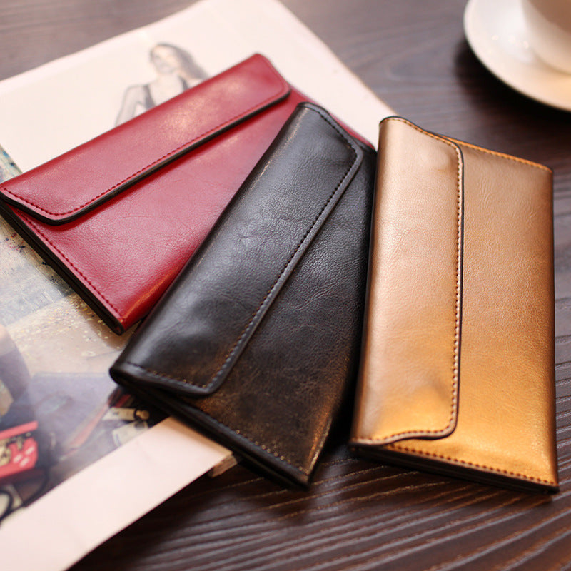 Brown Women's Genuine Leather Long Wallet - Slim Business Clutch with Snap Closure, Multi-Card Holder