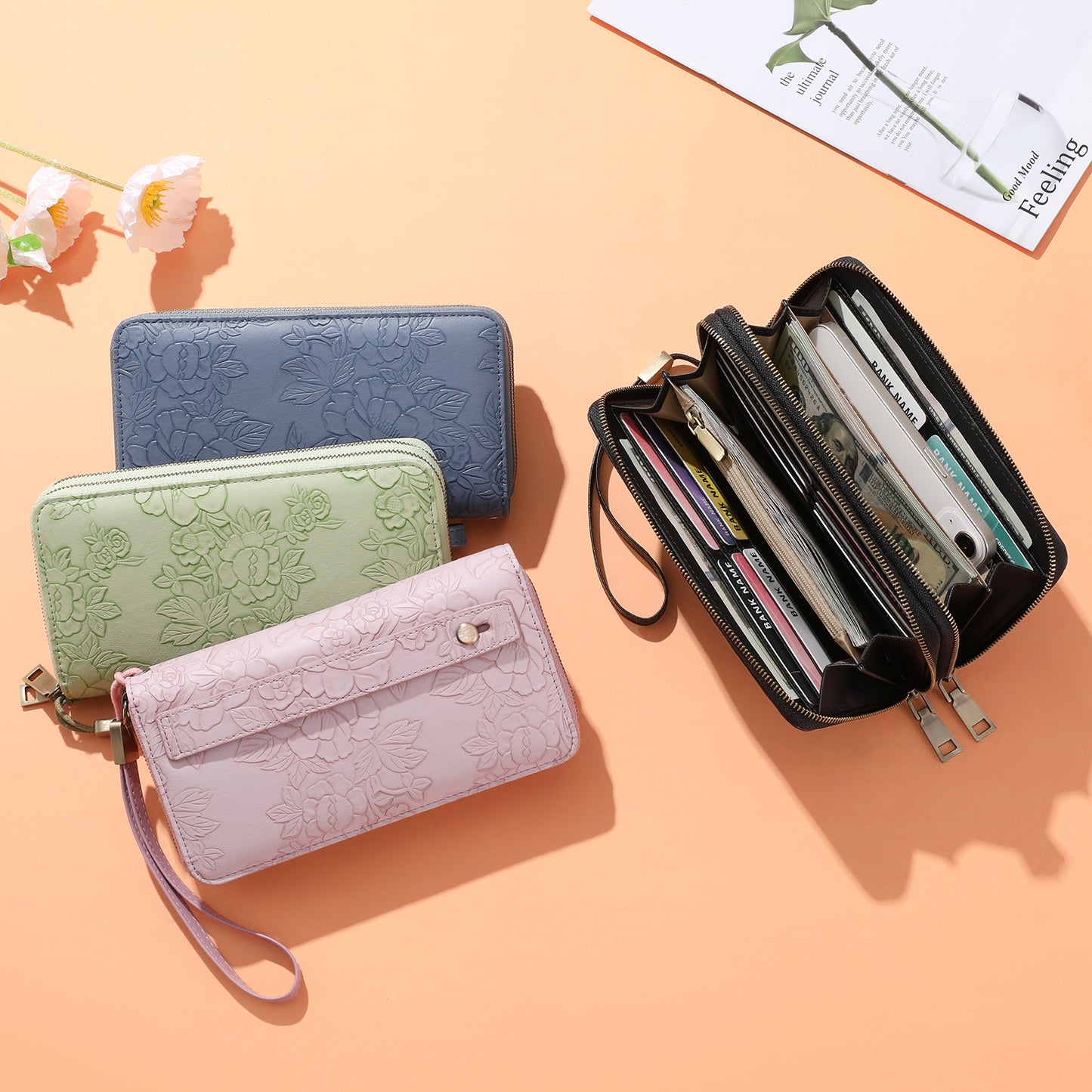 Green Floral Embossed Large Capacity Women's Wallet - Double Zipper PU Leather Clutch with Detachable Wrist Strap
