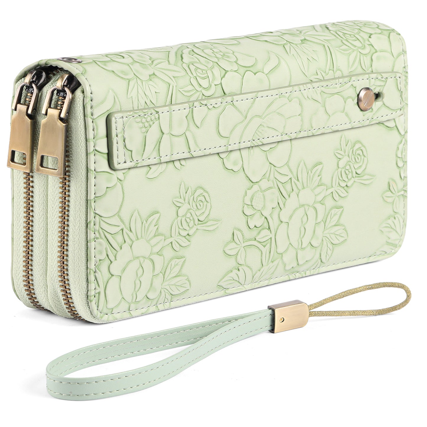 Green Floral Embossed Large Capacity Women's Wallet - Double Zipper PU Leather Clutch with Detachable Wrist Strap