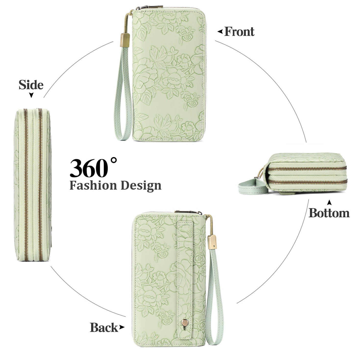 Green Floral Embossed Large Capacity Women's Wallet - Double Zipper PU Leather Clutch with Detachable Wrist Strap