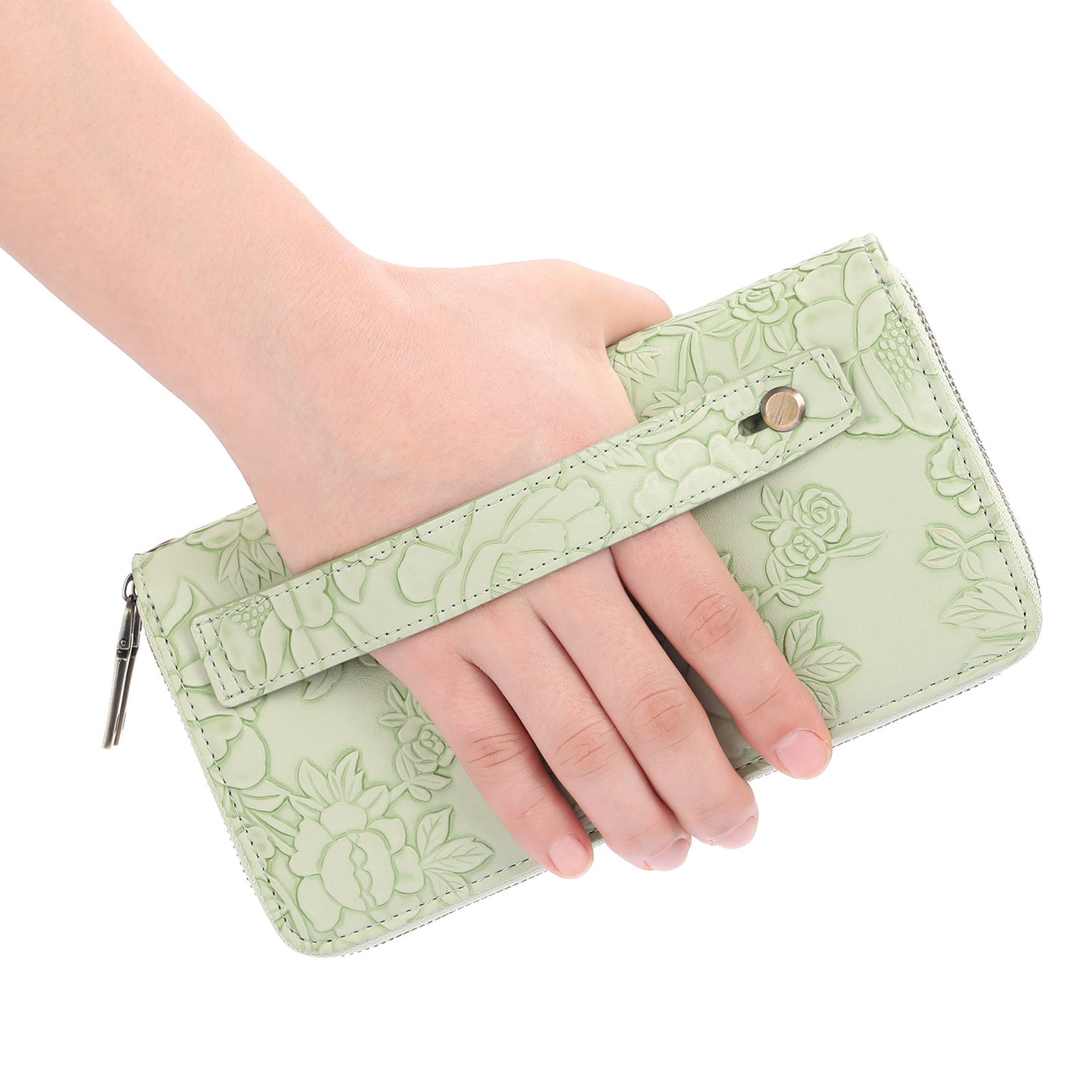 Black Floral Embossed Large Capacity Women's Wallet - Double Zipper PU Leather Clutch with Detachable Wrist Strap