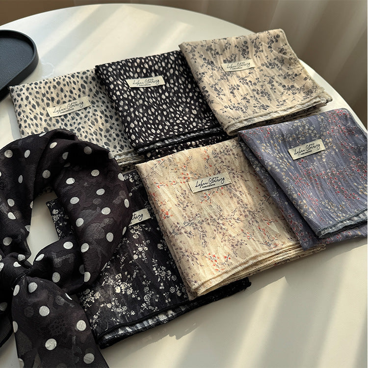 Style 1 Beige Versatile Patterned Square Scarf | 65x65cm Lightweight Polyester Neckerchief Headband | Vintage Polka Dot & Floral