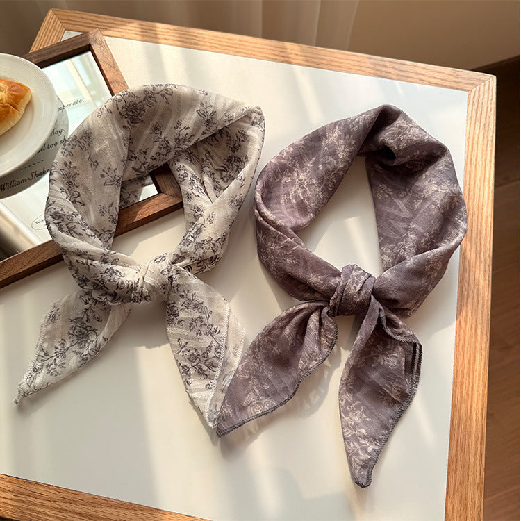 Style 5 Beige Versatile Patterned Square Scarf | 65x65cm Lightweight Polyester Neckerchief Headband | Vintage Polka Dot & Floral