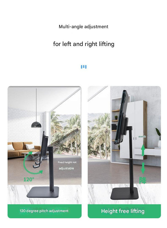 Black Adjustable Aluminum Alloy Phone and Tablet Stand - Telescopic Desktop Holder for Live Streaming and Hands-Free Use