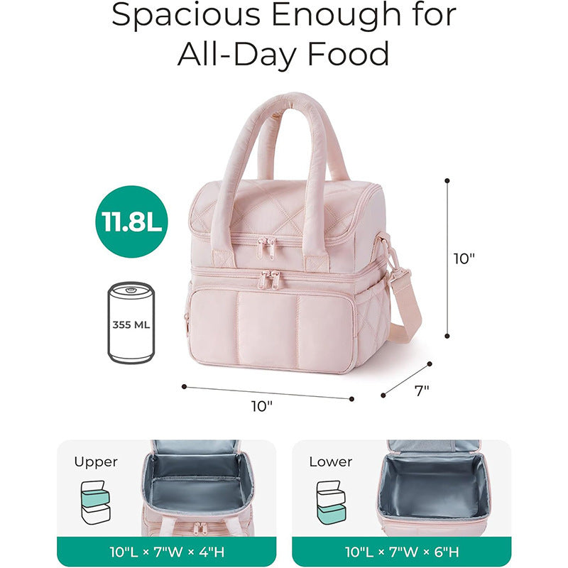 Black Chic Double Deck Insulated Lunch Bag - Leakproof Cooler Tote for Women